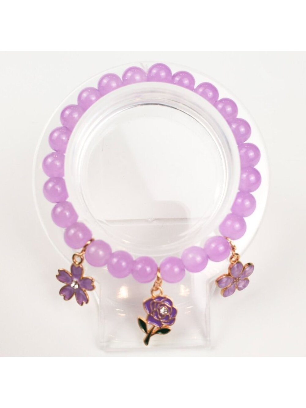 Purple Beaded Stretch Bracelet With Flower Charms Gold Tone Accents